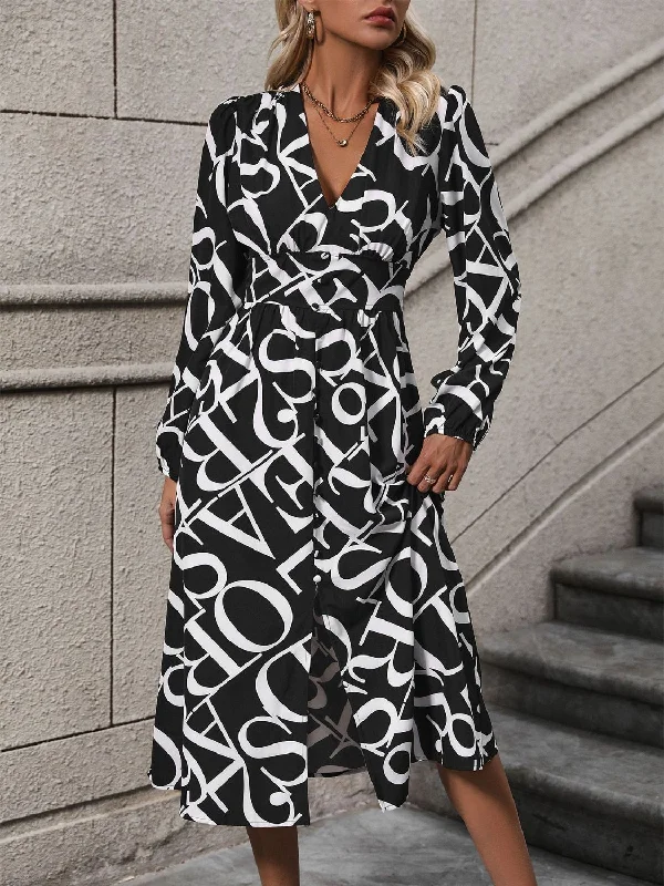 Printed V-Neck Long Sleeve Midi Dress Vintage midi dresses