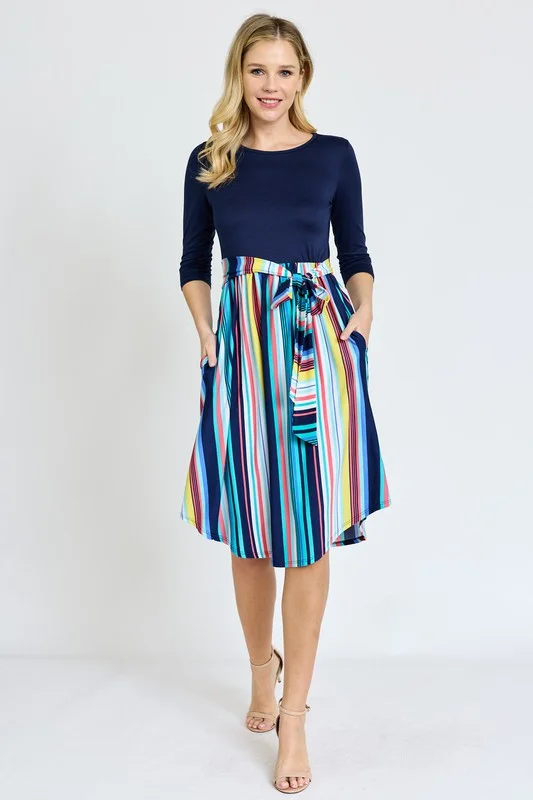 Quarter Sleeve Multi Stripe Sash Midi Dress Must-have midi dresses for this season