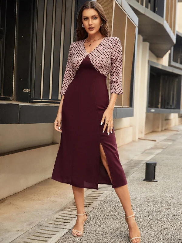 Slit V-Neck Three-Quarter Sleeve Midi Dress Best midi dresses for plus size