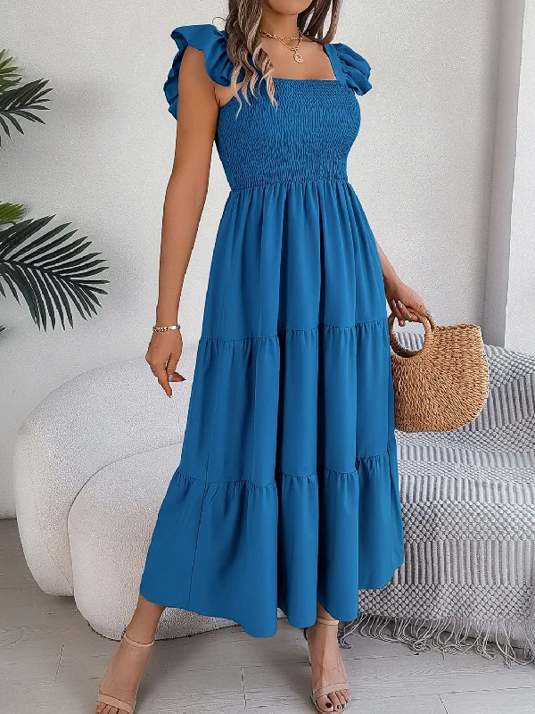 Smocked Square Neck Cap Sleeve Midi Dress Clubbing midi dresses