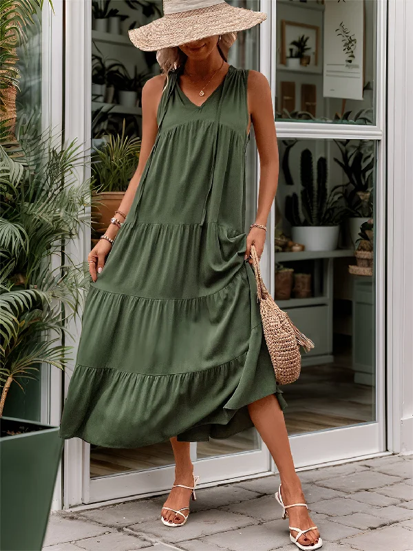 Tiered Tie Neck  Midi Dress Off-shoulder midi dresses