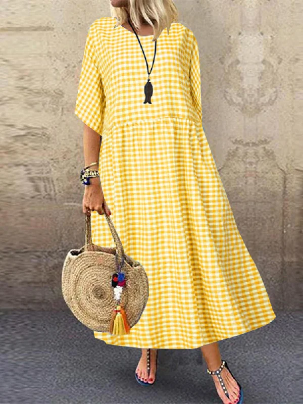 Casual Loose Plaid Print O-neck Half Sleeve Women Maxi Dress Best maxi dresses for formal events