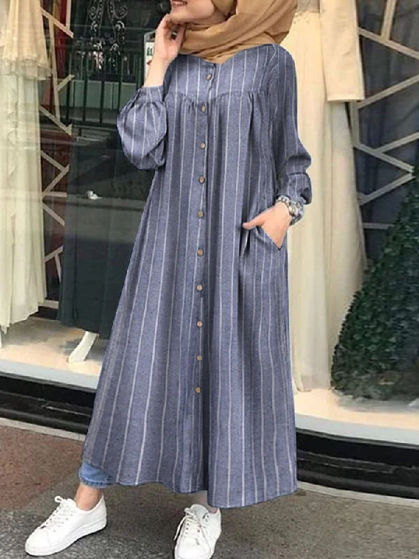 Casual Stripe Print Button Long Sleeve Pocket Shirt Women Maxi Dress Best value maxi dresses