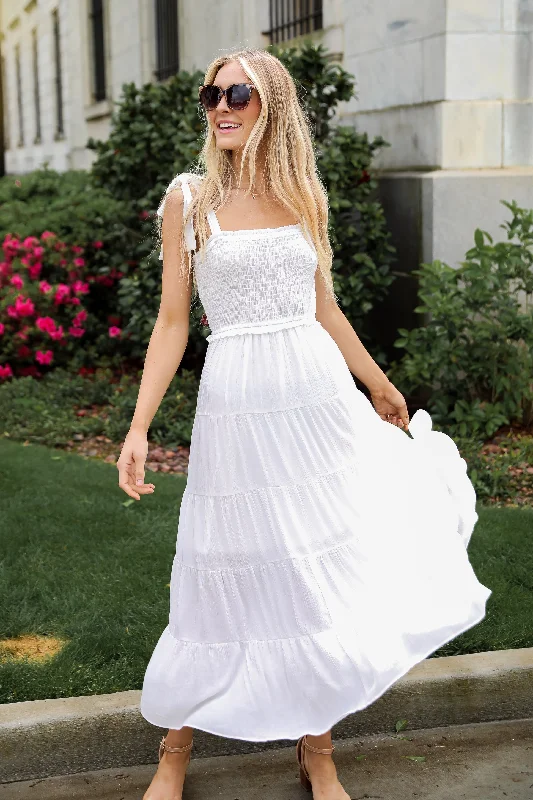 Delightful Impulse White Tiered Maxi Dress Best maxi dresses for hourglass body shape