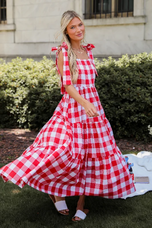 Pretty Picnic Red Gingham Tiered Maxi Dress Glamorous maxi dresses