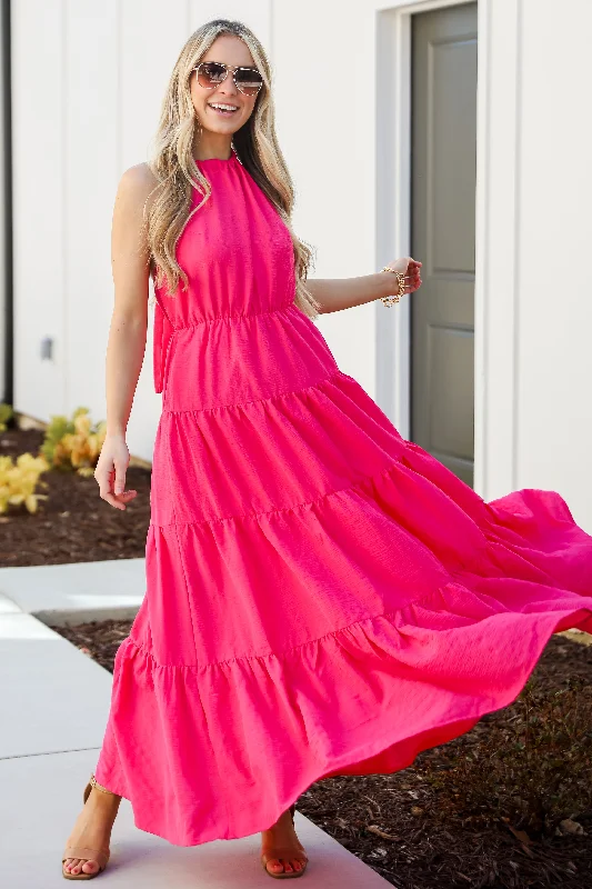 FINAL SALE - Sun-Sational Magenta Tiered Halter Maxi Dress Denim maxi dresses