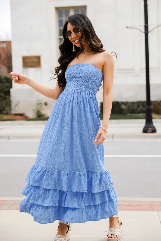 Sweetest Presence Blue Smocked Strapless Maxi Dress Chic maxi dresses