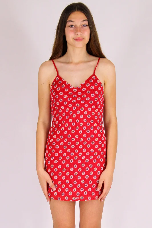 Adjustable V-Neck Dress - Stretchy Red Floral Sexy floral print dresses