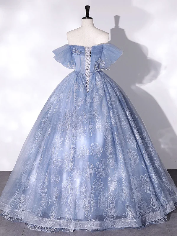 Blue Off Shoulder Ball Gown Floral Tulle Party Dress, Blue Sweet 16 Dress Wrap floral dresses