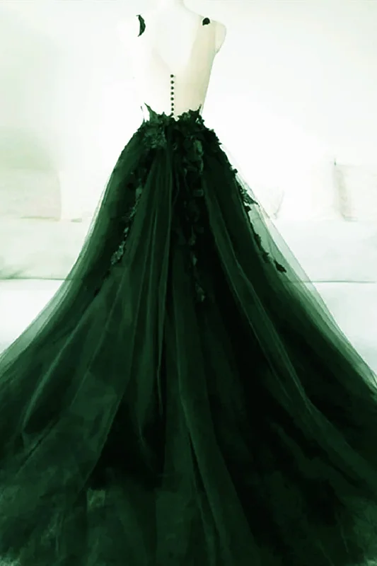 Dark Green A-Line Open Back Tulle Lace Floral Formal Dress, Green Long Prom Dress Affordable floral dresses