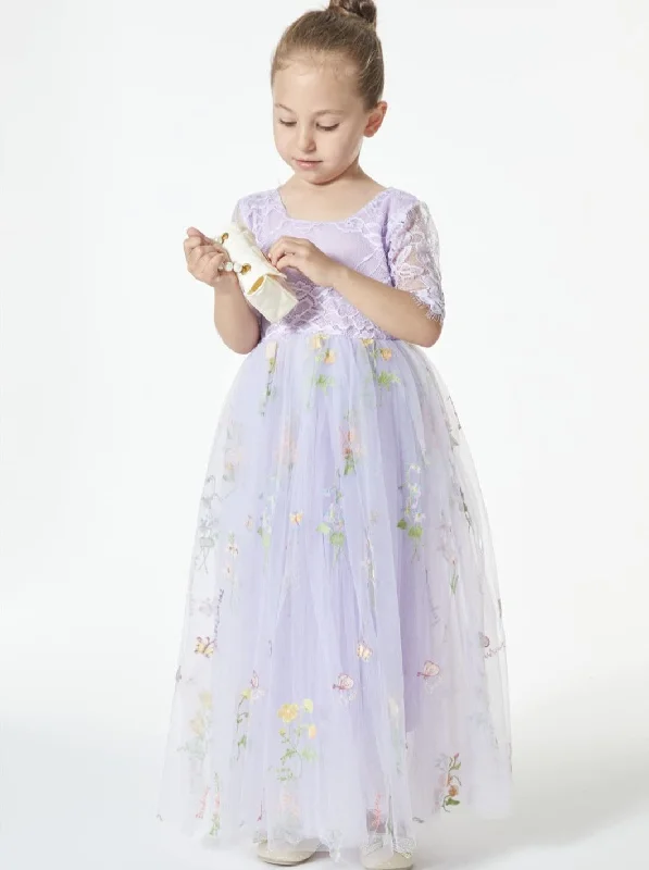 Floral Embroidered Tulle Lace Girl Dress in Purple Smocked floral dresses