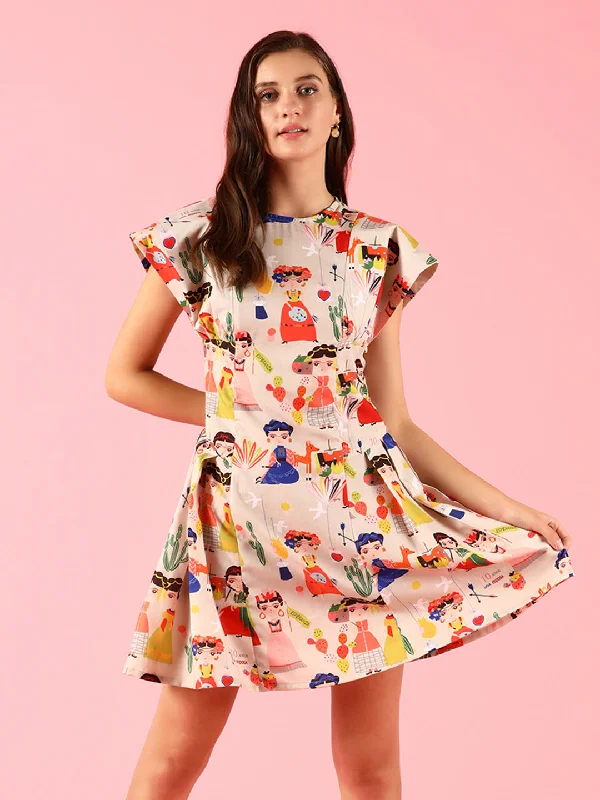 Flared Pleated Cartoon Print Dress Party floral dresses