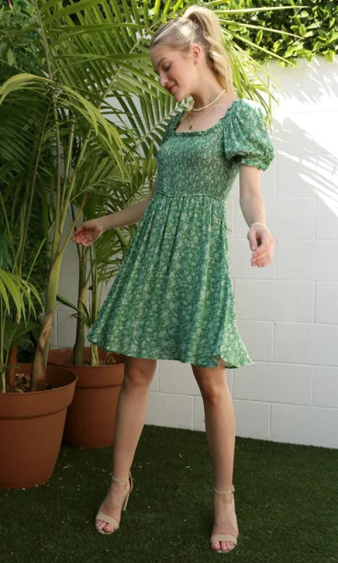 Short Sleeve Green Floral Casual Dress FGDR22L003 Satin floral dresses