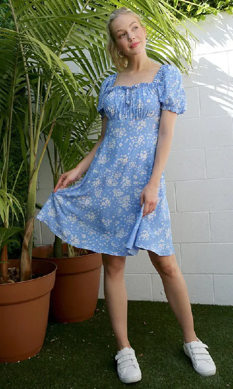 Blue Floral Short-Sleeve Casual Dress FGDR22L06 Elegant floral dresses