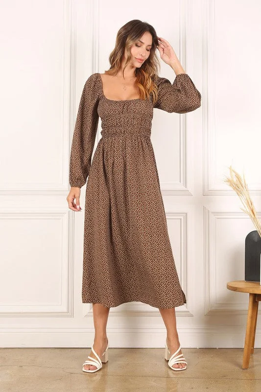 Brown Floral-Print Long Sleeve Tea-Length Dress Stretchy floral dresses