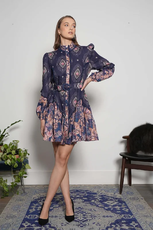 Long sleeves printed short dress Women's floral dresses