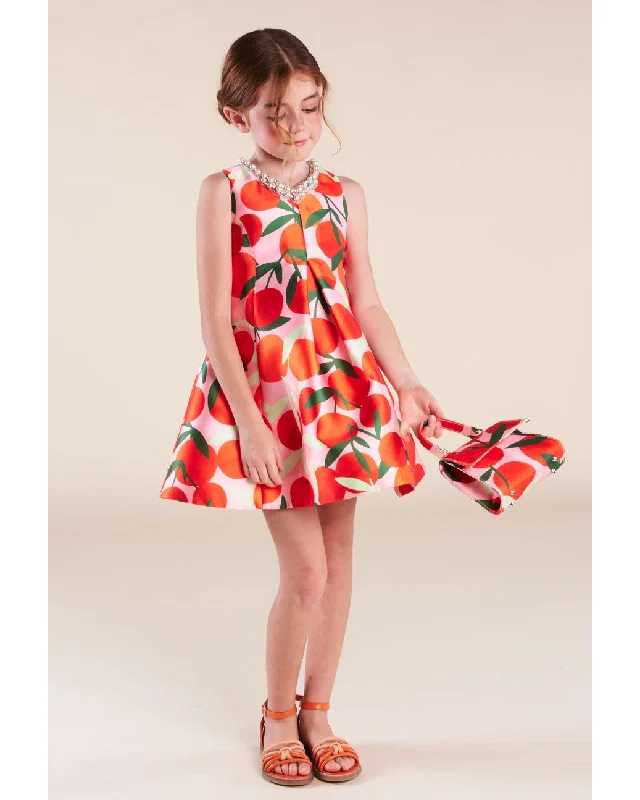 MiMiSol SS24 Tafetta Dress with Orange Print and Rhinestones Plus size floral dresses