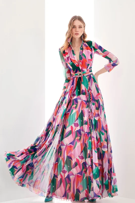 Printed chiffon dress with pleats Midi floral dresses