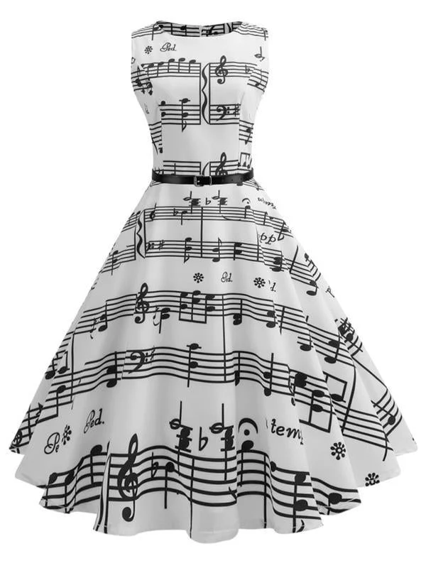 White 1950s Music Note Swing Dress Lace unclassified dresses