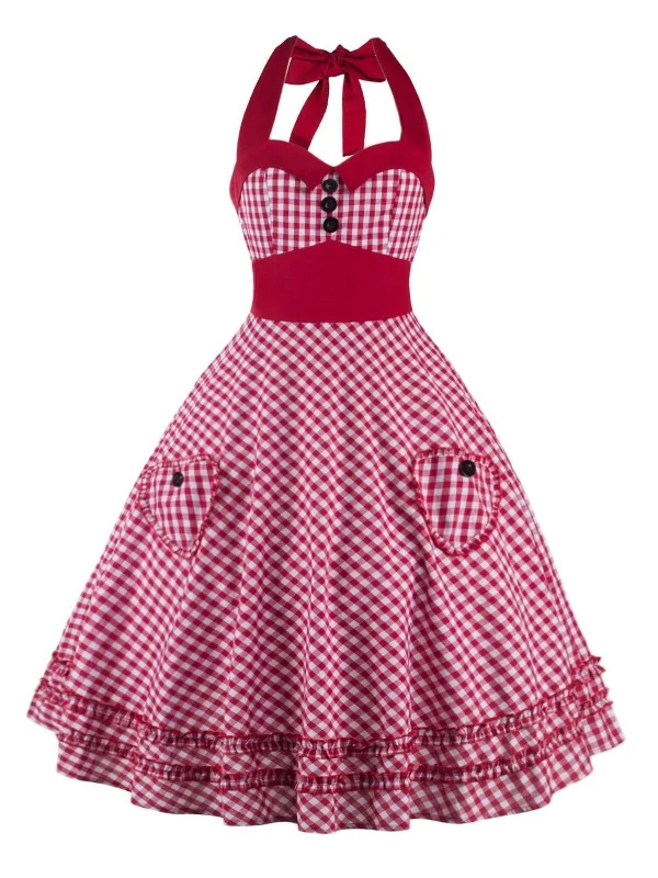 1950s Plaid Pocket Halter Swing Dress Cocktail unclassified dresses