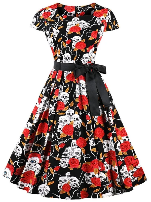 1950s Skull Rose Belted Swing Dress Ruched unclassified dresses