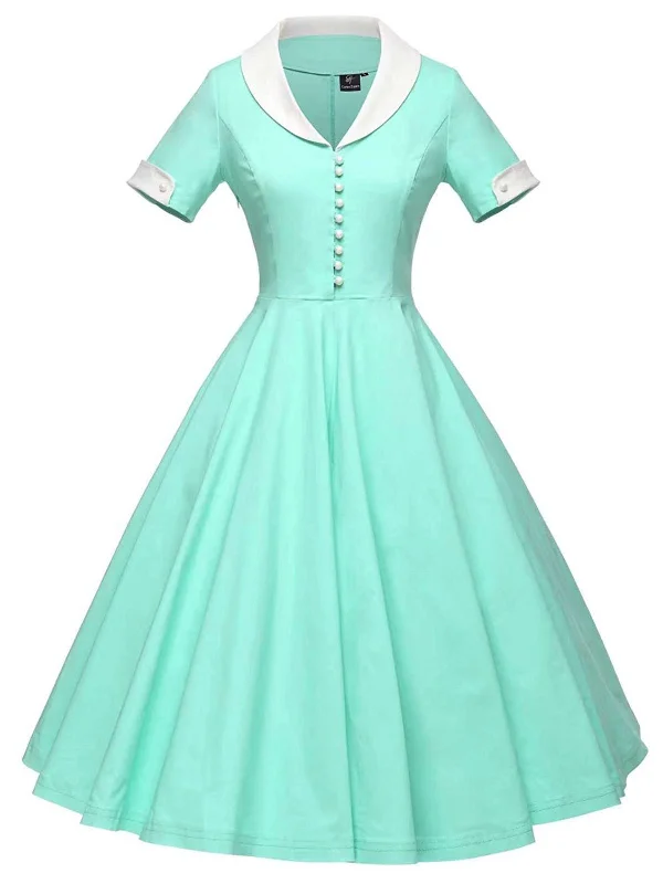 1950s Solid Turndown Collar Swing Dress Summer unclassified dresses