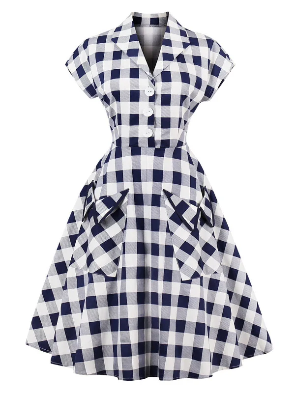 Blue White 1950s Pockets Plaid Dress Cocktail unclassified dresses