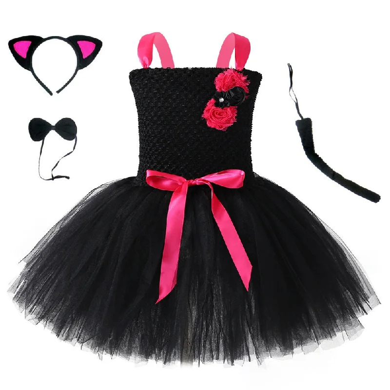 Baby Girls Black Cat Dress for Kids Birthday Outfits Toddler Girl Halloween Costumes Children Animal Dresses with Headband Set Lace unclassified dresses