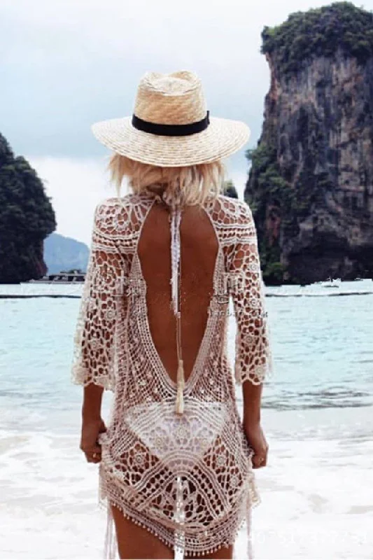 Backless Hollow out Crochet Beach Bikini Cover Up Dress Stylish unclassified dresses