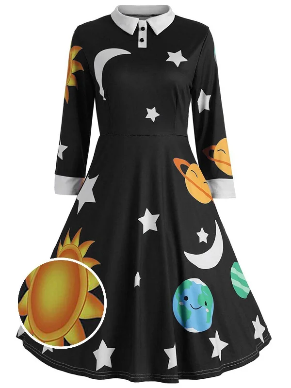 Black 1950s 3/4 Sleeve Planet Swing Dress High-end unclassified dresses