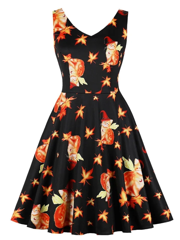 Black 1950s Cat Leaf Swing Dress Cotton unclassified dresses