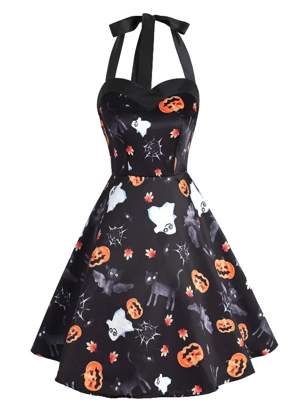 Black 1950s Halloween Pumpkin Dress Color block unclassified dresses