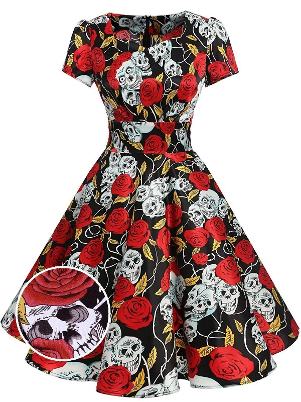 Black 1950s Halloween Rose Skull Dress Short unclassified dresses