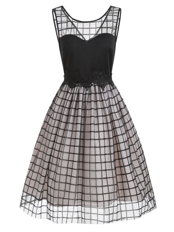 Black 1950s Plaid Mesh  Dress Preppy unclassified dresses