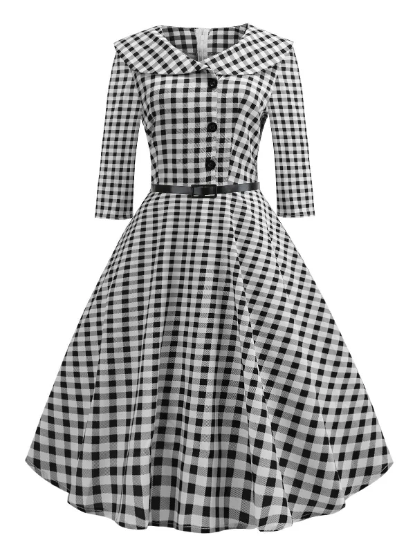 Black 1950s Plaid Turn-down Collar Dress Preppy unclassified dresses