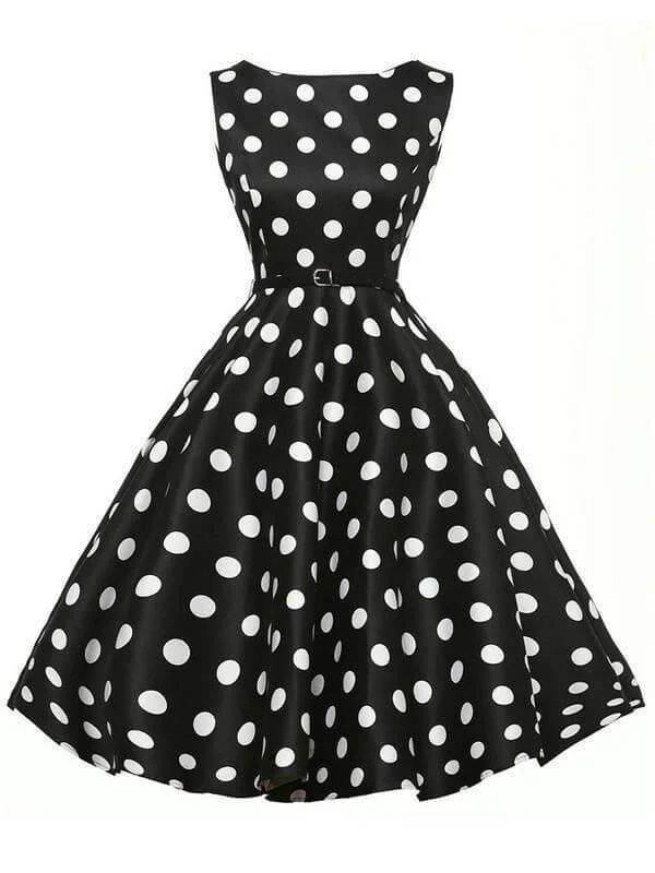 Black 1950s Polka Dot Belted Dress Cotton unclassified dresses