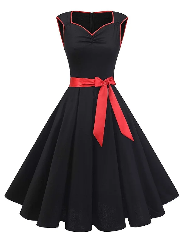 Black 1950s Sweetheart Bow Swing Dress Striped unclassified dresses