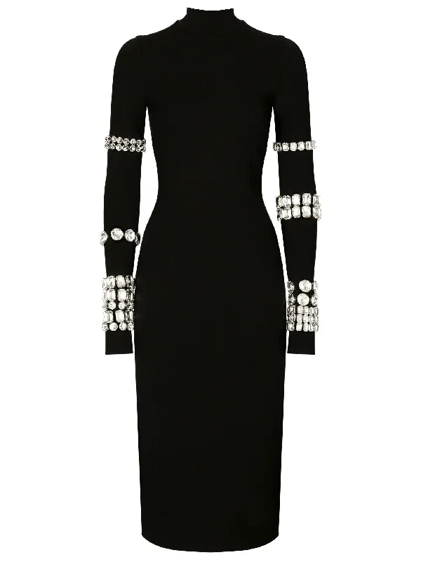 Black Calf-Length Stretchy Dress with Rhinestones Graduation unclassified dresses