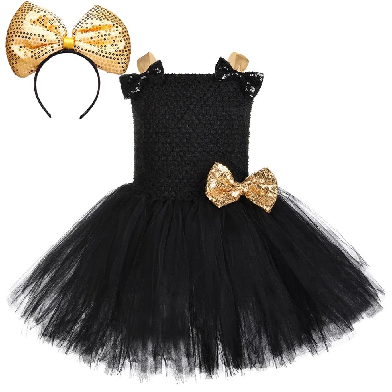 Black Gold Lol Surprise Dress for Girls Halloween Costumes Kids Girl Birthday Tutu Dresses with Golden Big Bow Headband Clothes Unique unclassified dresses