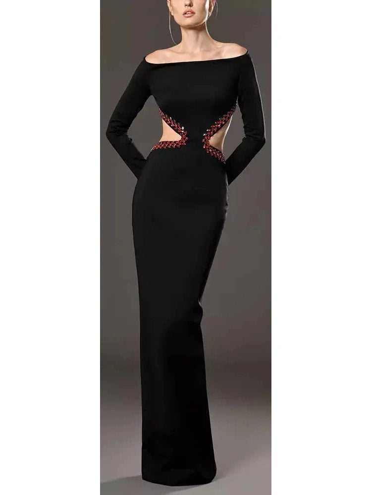 Black Jersey Dress Featuring Red Crystal Embroidery on the Waist Cut-Out and Back Best-selling unclassified dresses