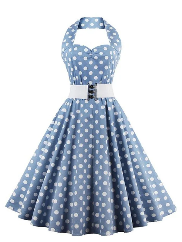 Blue 1950s Polka Dot Halter Belted Dress Elegant evening unclassified dresses