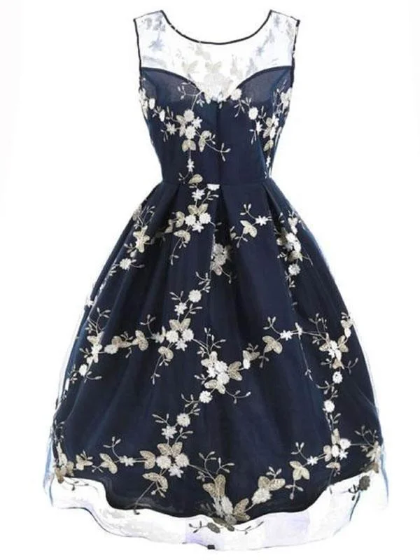 Blue 1950s Embroidery Swing Dress Elegant unclassified dresses