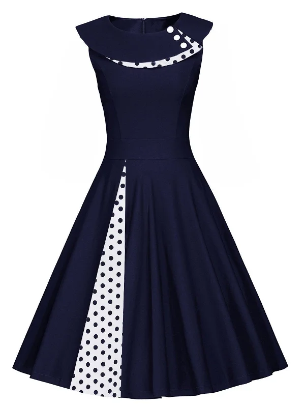 Blue 1950s Polka Dot Patchwork Swing Dress Fashionable unclassified dresses