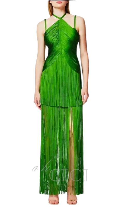 BRIANNA HALTER NECK FRINGE TASSEL DRESS IN GREEN Long unclassified dresses