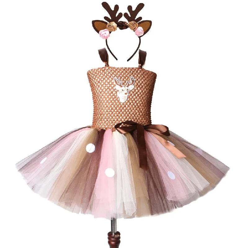 Brown Deer Tutu Dress for Girls Christmas Halloween Costume Kids Reindeer Princess Dresses Knee-length Xmas Children's Clothes Casual unclassified dresses