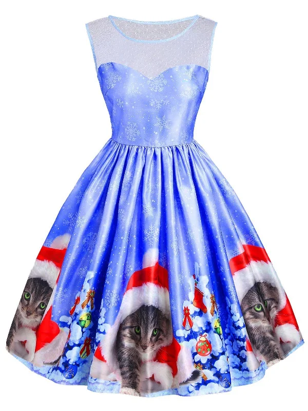 Blue 1950s Christmas Cat Dress Holiday unclassified dresses