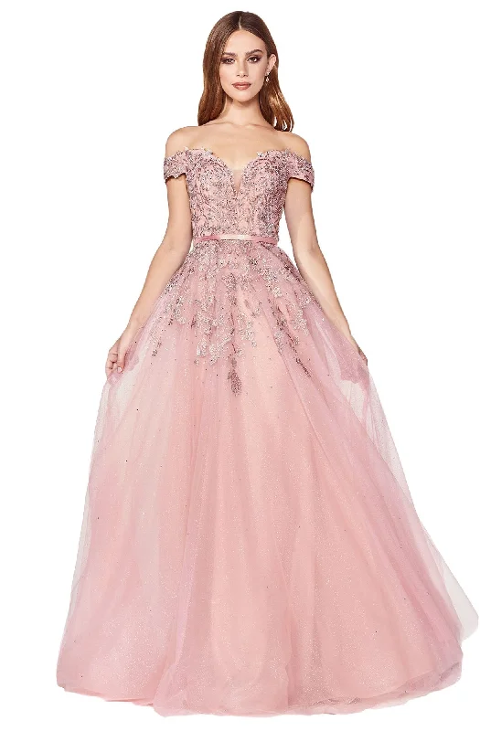 Cinderella Divine - KV1049SC Beaded Plunging Off-Shoulder Beaded Gown Pastel unclassified dresses