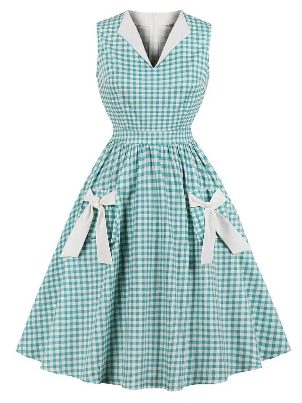 Cotton 1950s Green Plaid Bow Pockets Dress Formal unclassified dresses