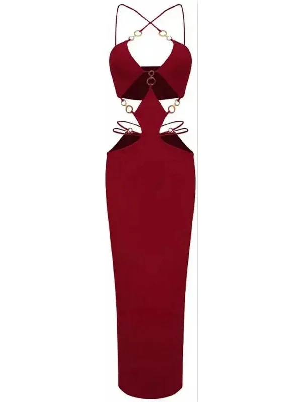 Cut-Out Gold Ring Detailed Dress, Wine Wedding guest unclassified dresses