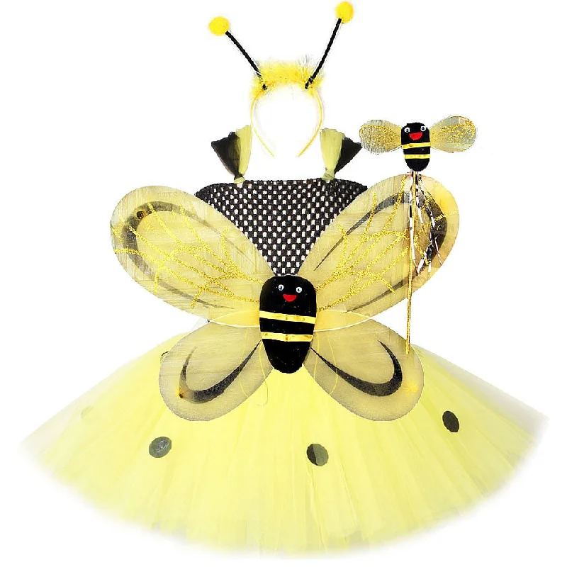 Cute Honeybee Children Kids Dresses Girls Tinkerbel Costumes Butterfly Wings Fairy Tutu Dress Bee Princess Ball Gown with Dots Printed unclassified dresses